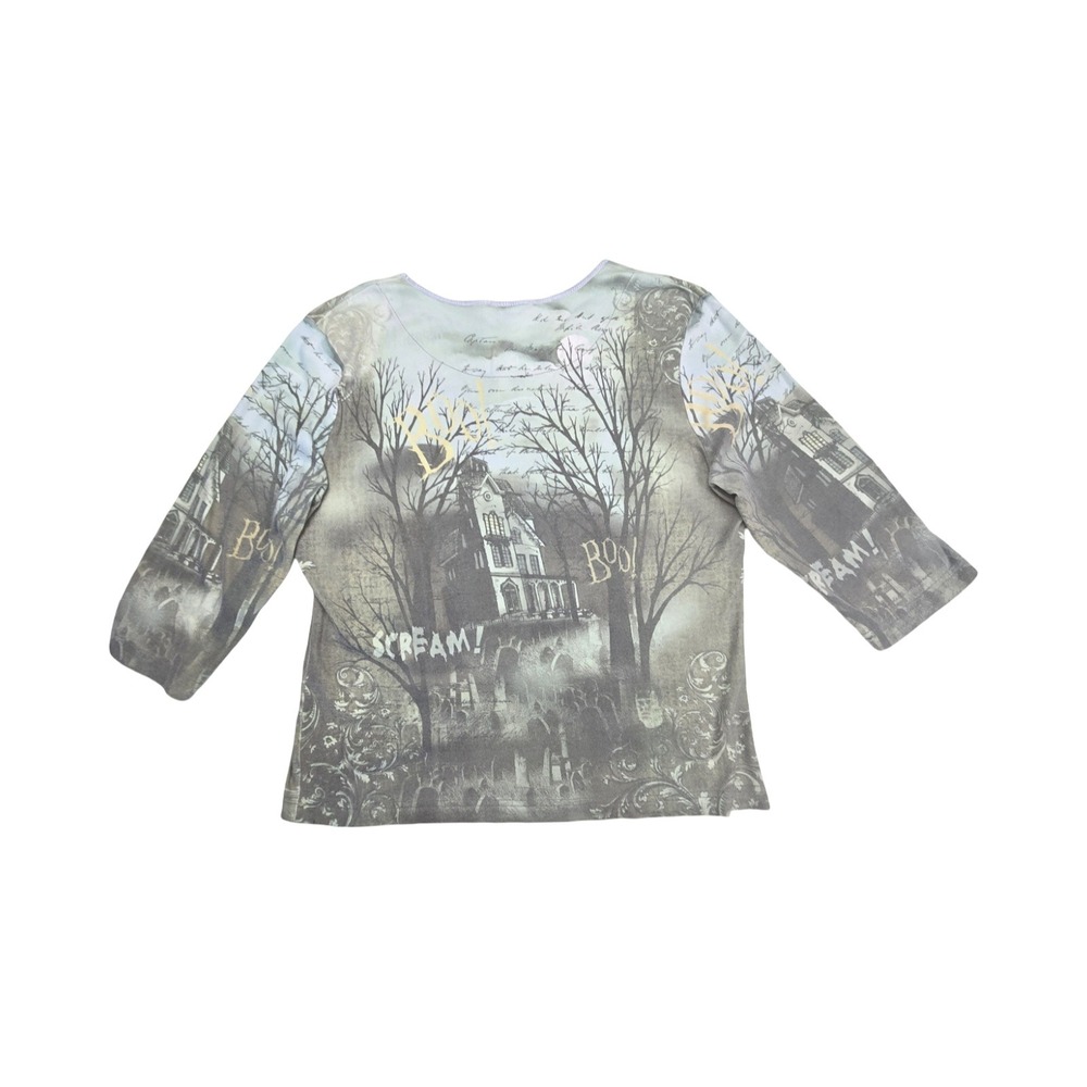 Halloween Haunted House Spooky Print 3/4 Sleeve Graphic Top Grey Boo Scream XL
